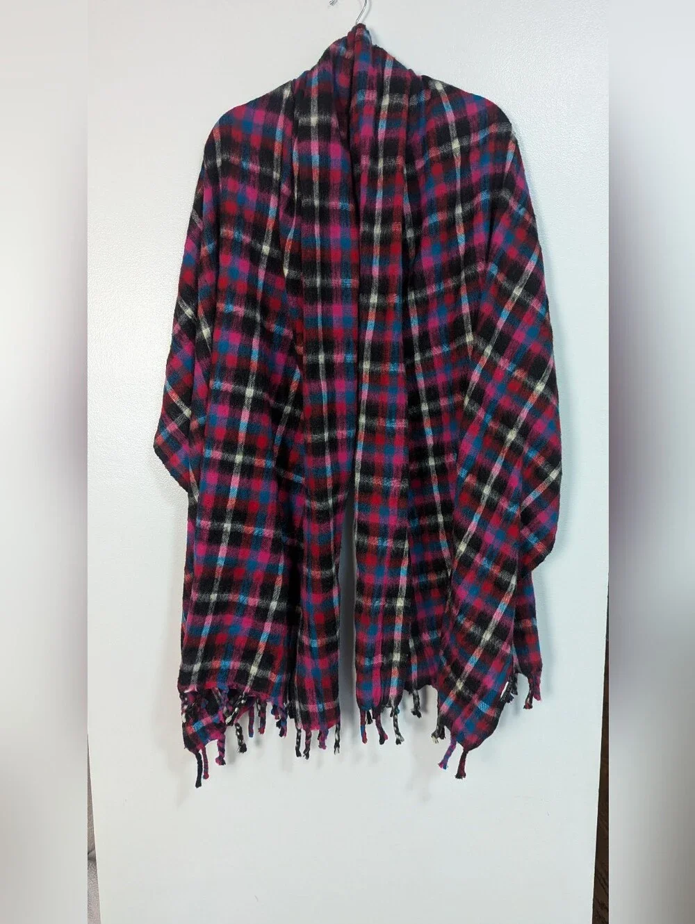 🌸Zara Man Oversized Soft & Fuzzypink Purple Blue  Plaid Fringe Scarf‎ Wrap
